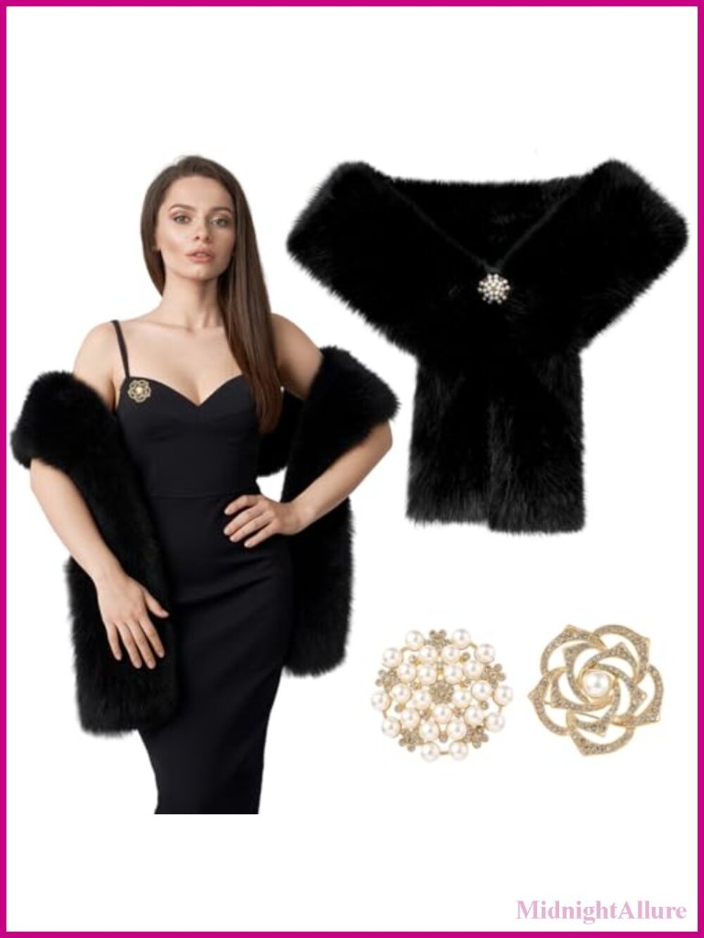 Faux Fur Collar Scarf Wrap Long Women's with Pearl Rhinestone Brooches